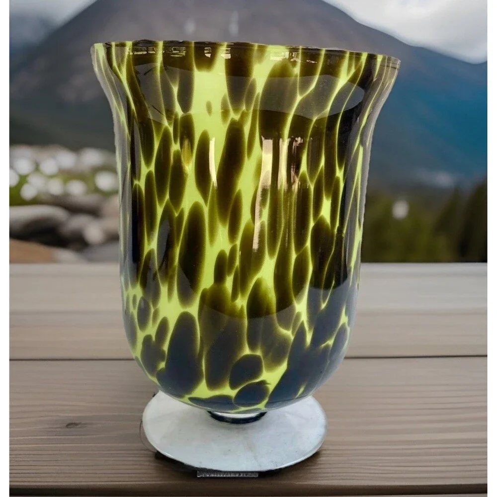 VTG Tortoiseshell Art Glass Hurricane Vase Footed Leopard Print Hand Blown 9